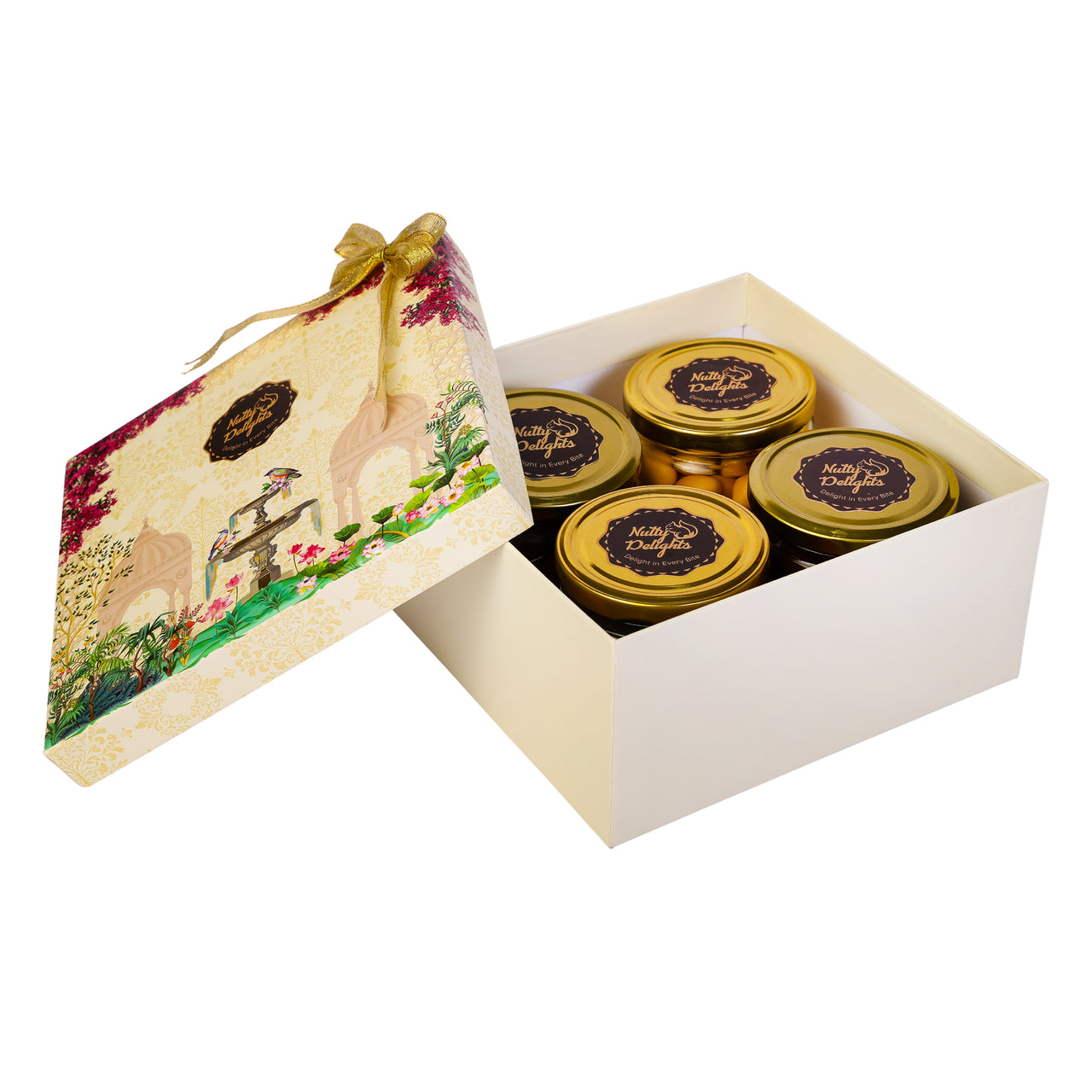 Nutty Delights Four Different Flavours Dry Fruits Jar Gift Pack | Designer Box with Golden Bow | Healthy Gourmet Gift for All Occasions & Celebrations